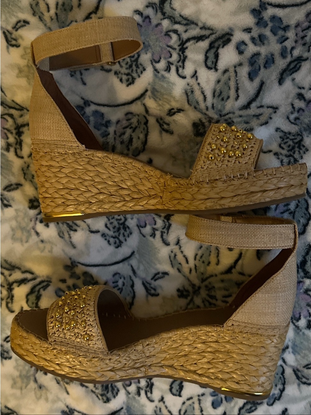 Franco Sarto Tan Woven Slide Sandals with Gold Beads